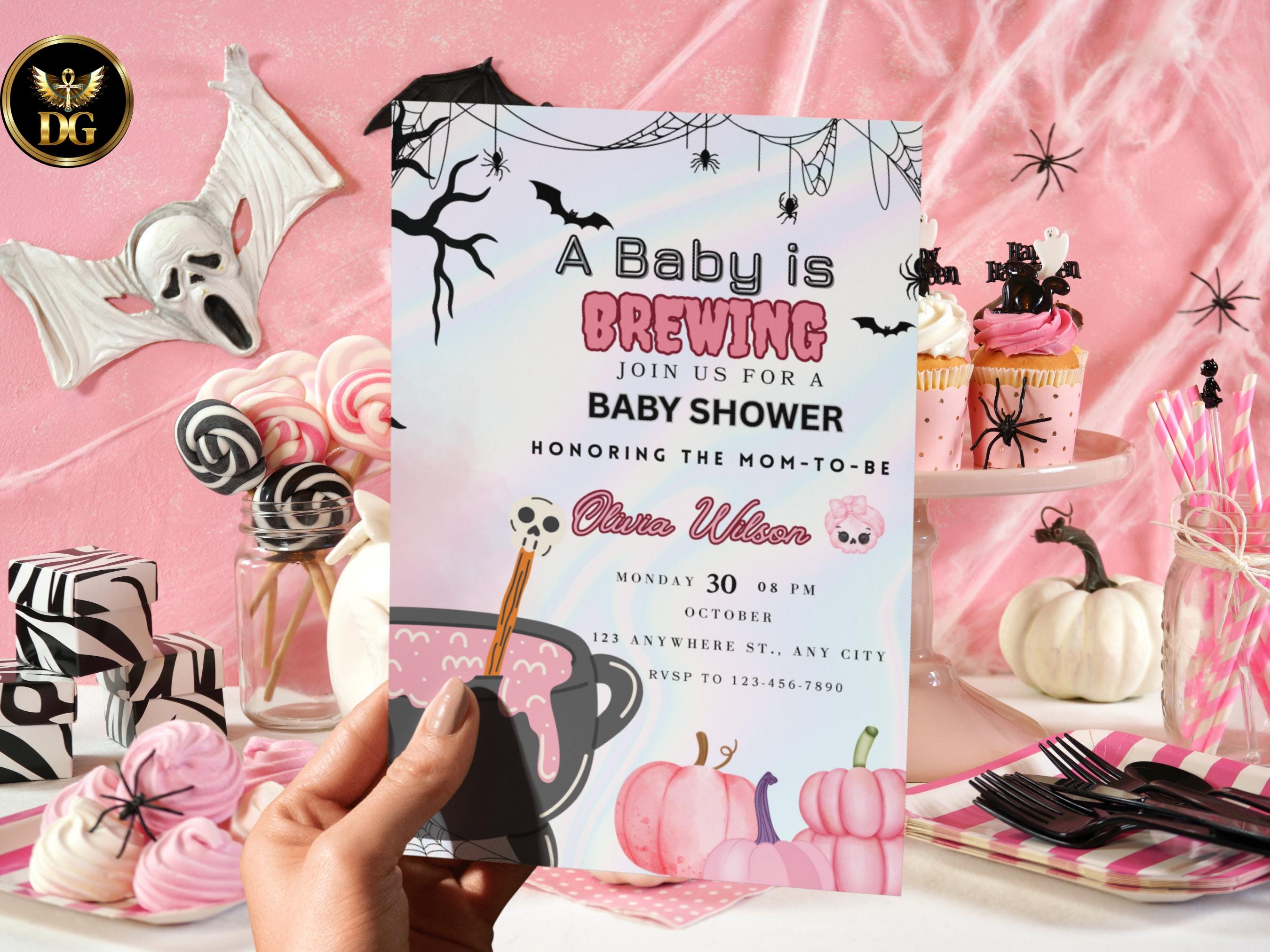 A Baby is Brewing Invitation Halloween Baby Shower Invite Editable Spooky Baby Shower Template Witch Cauldron Pink Pumpkin, Digital Download
