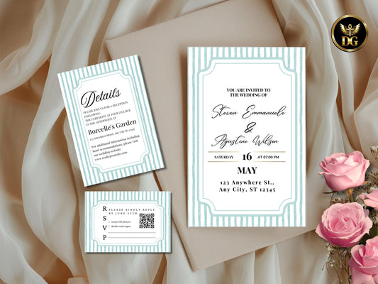 Striped Green Wedding Invitation | Light Green Elegant Wedding Suite | Editable Invitation, Details & RSVP