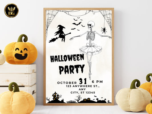 Spooky Halloween Party Invitation | Elegant Skeleton Dancer Digital Printable Printable Invitation Template Editable Canva Instant Download