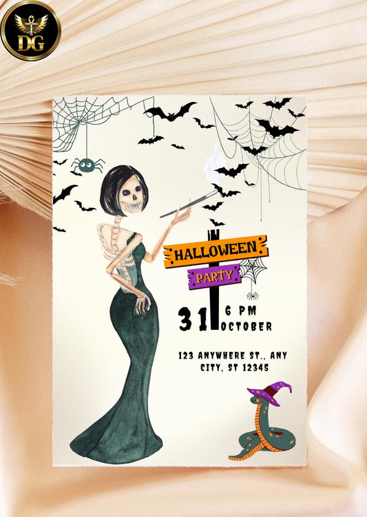 Spooky Skeleton Witch Halloween Party Invitation - Printable Digital Download Printable Invitation Template Editable Canva Instant Download