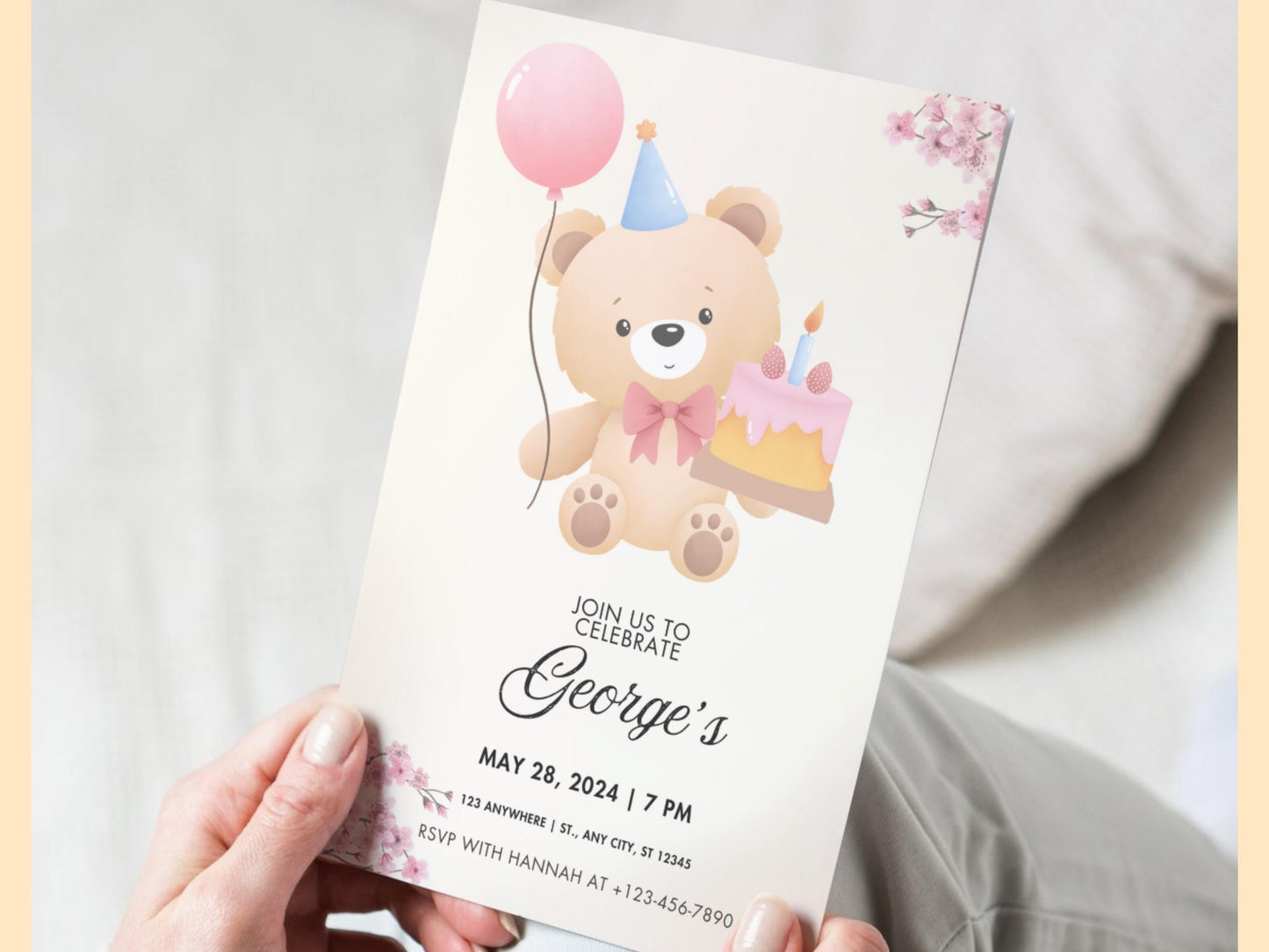 Boho TeddyBear Birthday Invitation Watercolor Floral Editable Digital Download Printable Invitation Template Editable Canva Instant Download