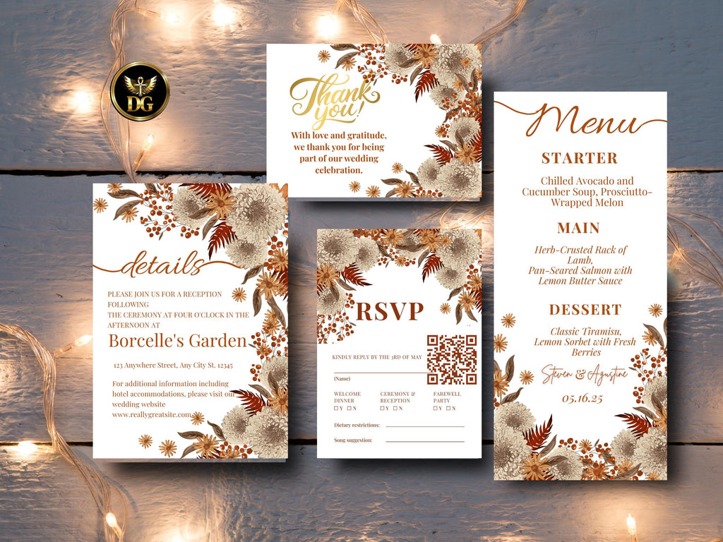 Autumn Boho Wedding Invitation Suite Editable Printable Save the Date, Invite, Menu, RSVP - Digital Download Printable Template Editable