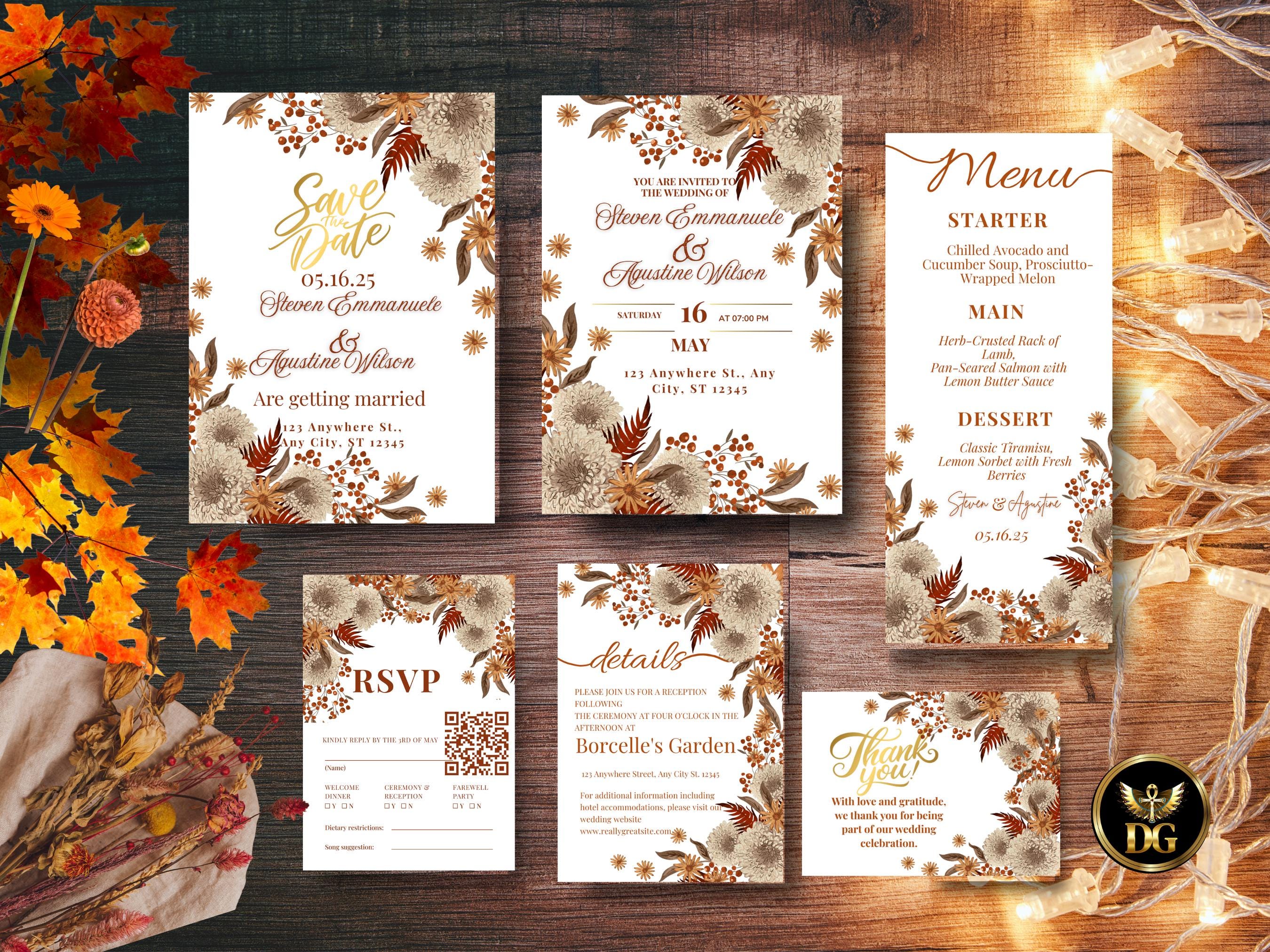 Autumn Boho Wedding Invitation Suite Editable Printable Save the Date, Invite, Menu, RSVP - Digital Download Printable Template Editable