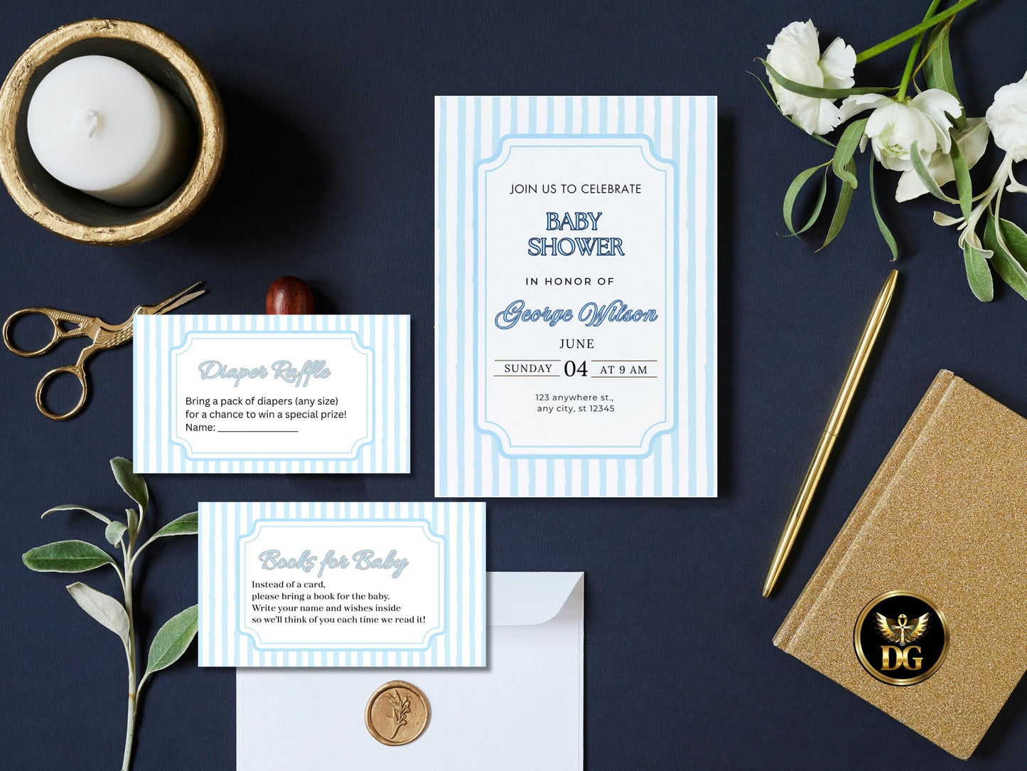 Blue Baby Shower Invitation Bundle, Editable Canva Template Boy Baby Shower Invite with Diaper Raffle Book for Baby Cards Printable Download