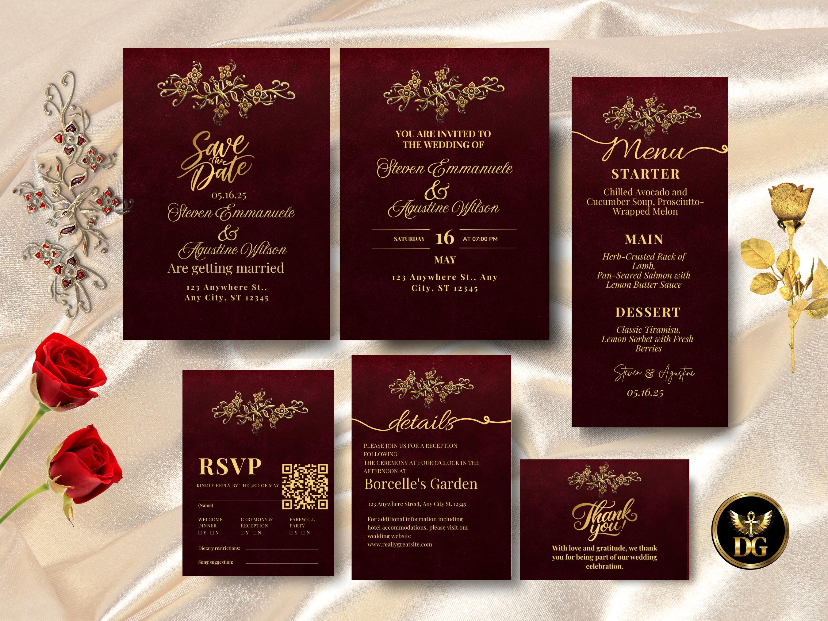 Burgundy and Gold Floral Wedding Invitation Suite (Digital Download) Printable Invitation Template Editable Canva Instant Download