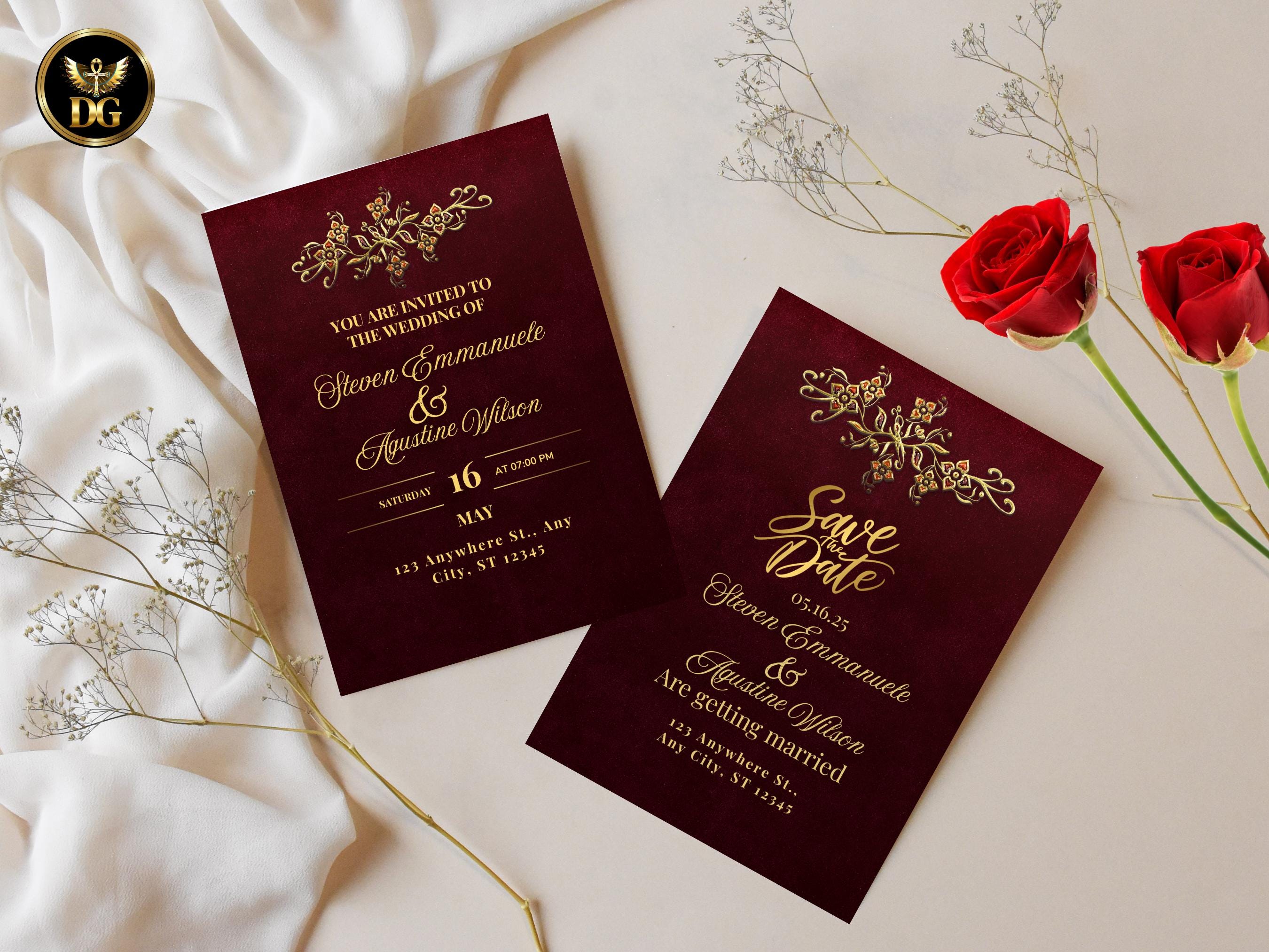 Burgundy and Gold Floral Wedding Invitation Suite (Digital Download) Printable Invitation Template Editable Canva Instant Download