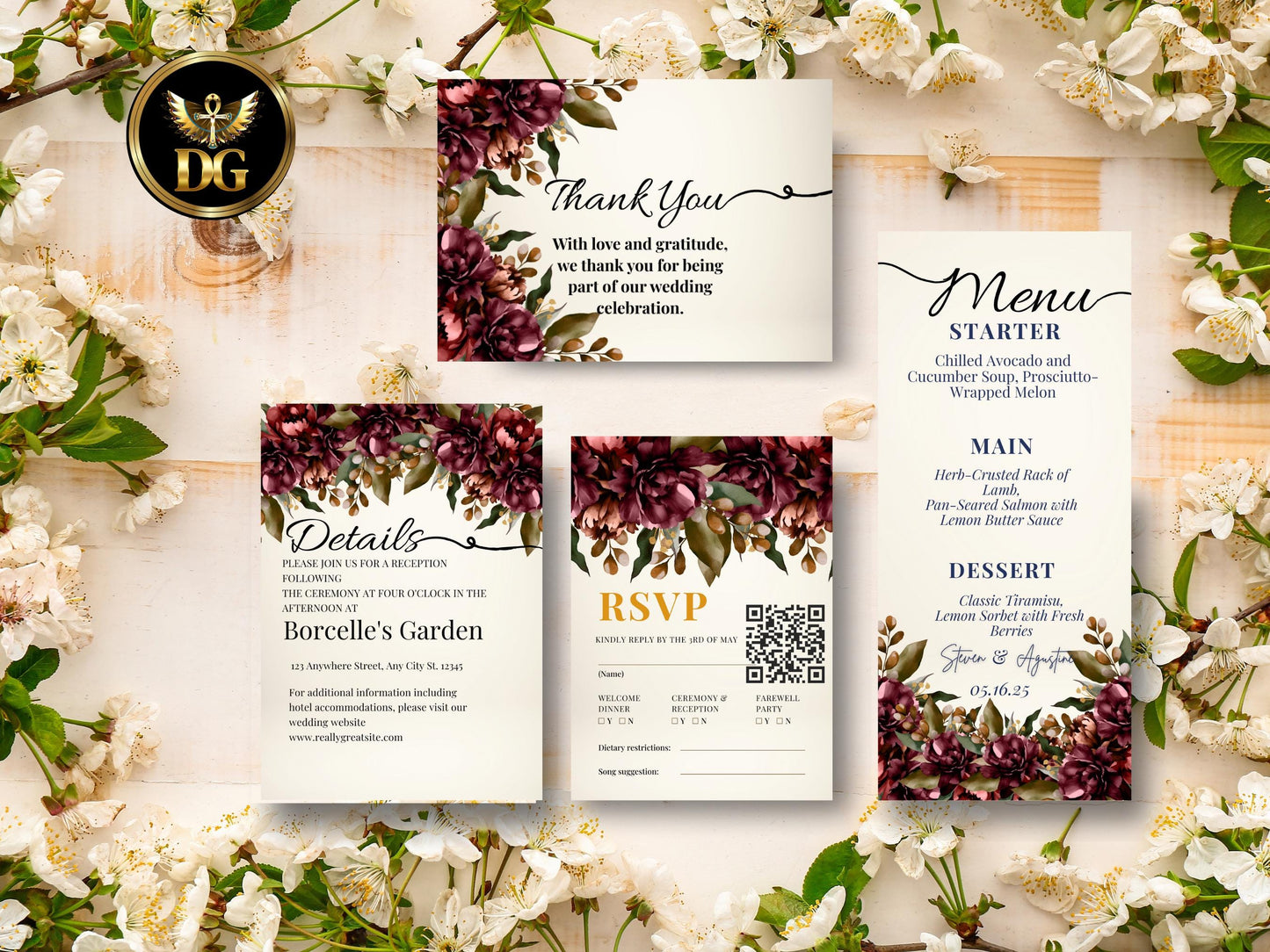 Burgundy Floral Wedding Invitation Suite: Editable Template (Digital Download) Printable Invitation Template Editable Canva Instant Download