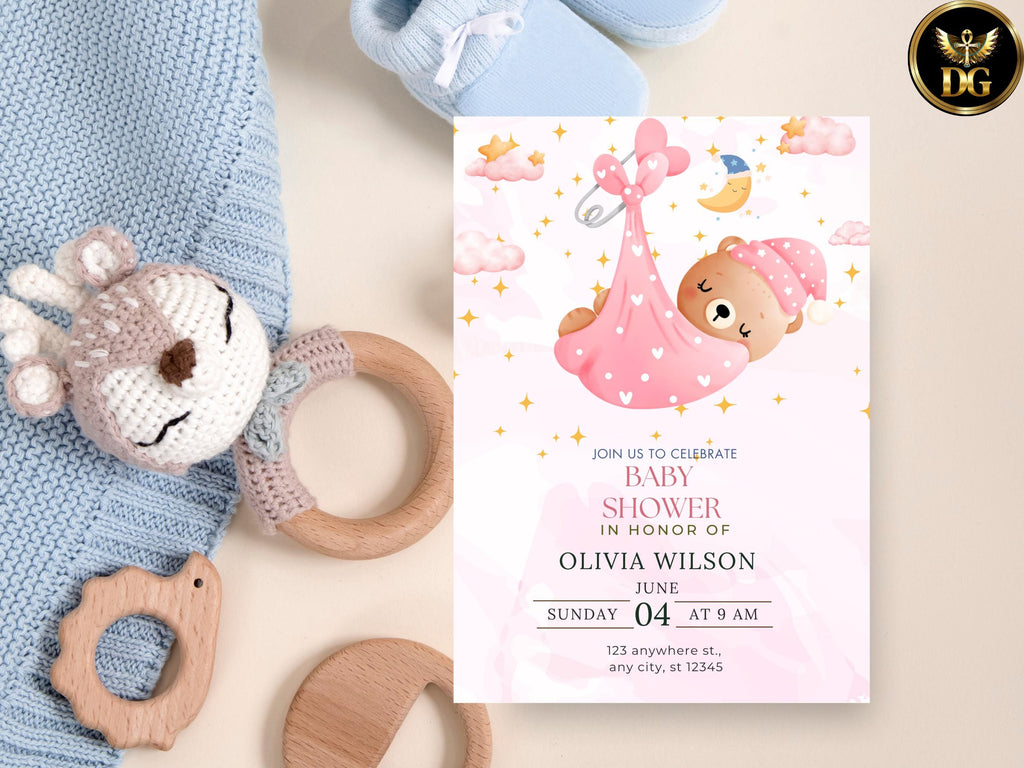 Baby Shower Invitation Template Editable Digital Download Cute Bear Pink Floral Invite Customizable Canva File for Baby Celebration