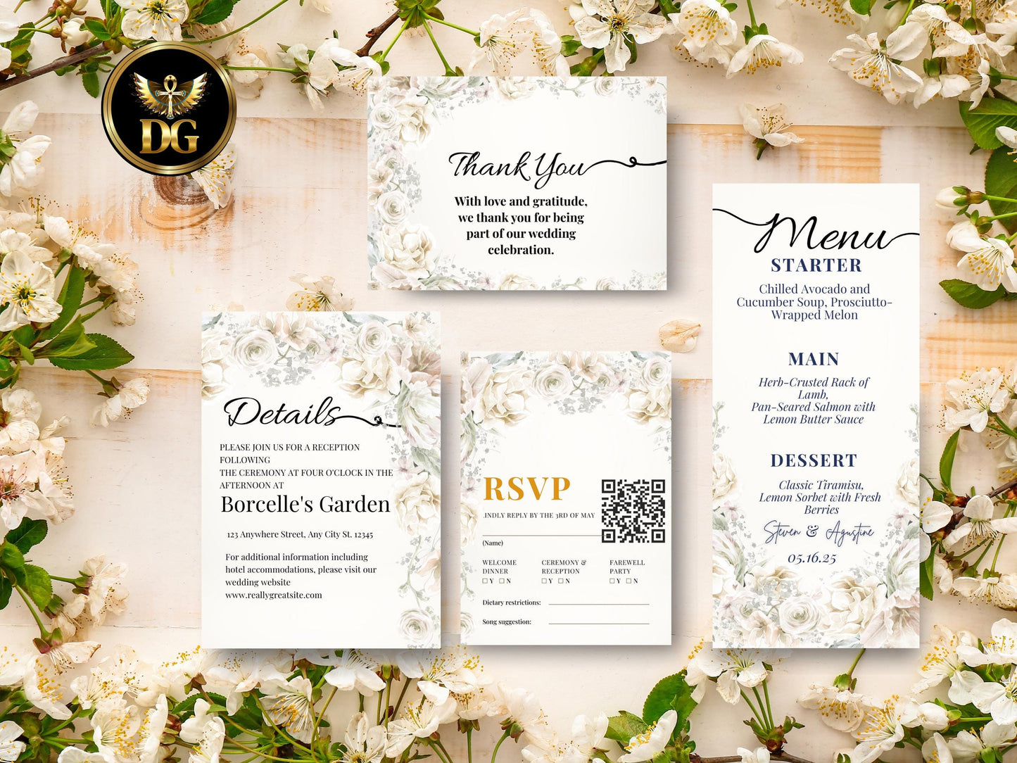 White Floral Wedding Invitation Suite: Editable Template (Digital Download)