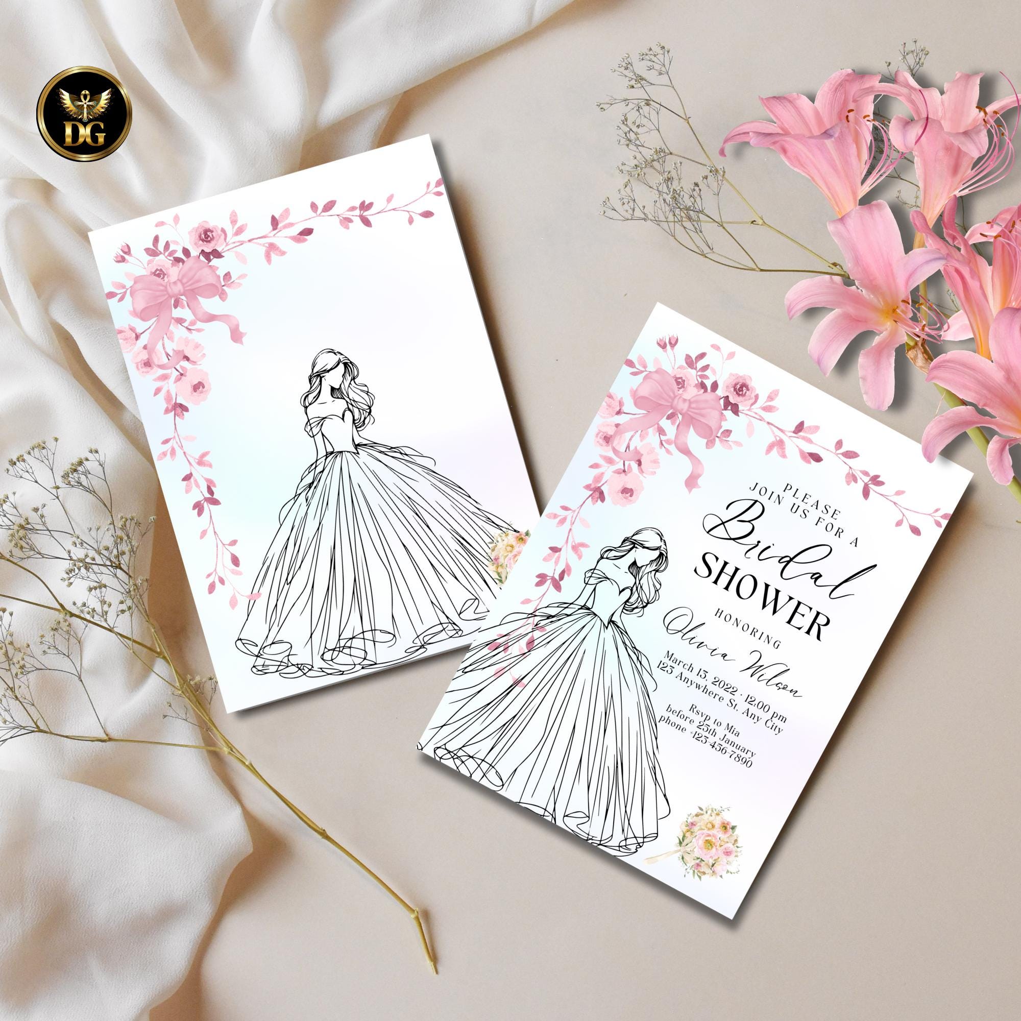 Bridal Shower Invitation Set | Bride Dress with Pink Floral Bow | Pastel Elegant Wedding Shower Invite | Editable Digital Download