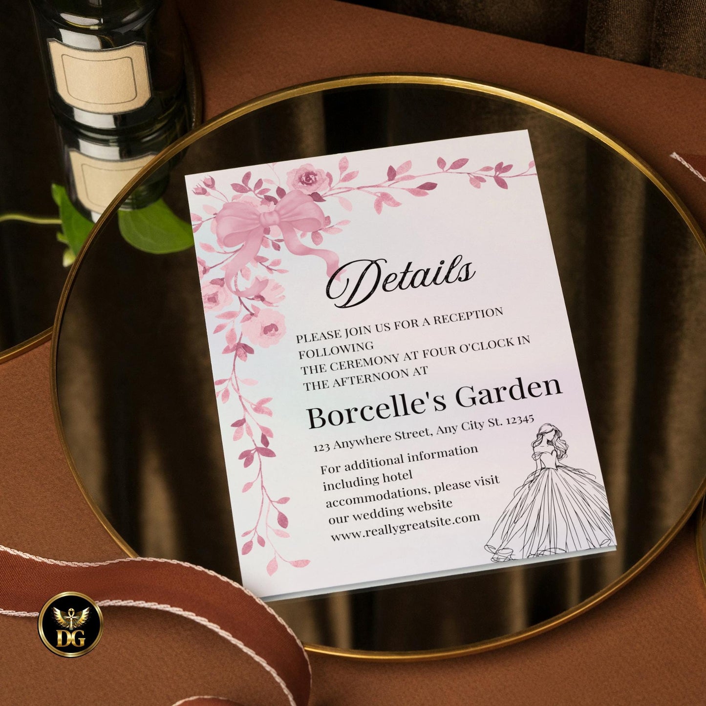 Bridal Shower Invitation Set | Bride Dress with Pink Floral Bow | Pastel Elegant Wedding Shower Invite | Editable Digital Download