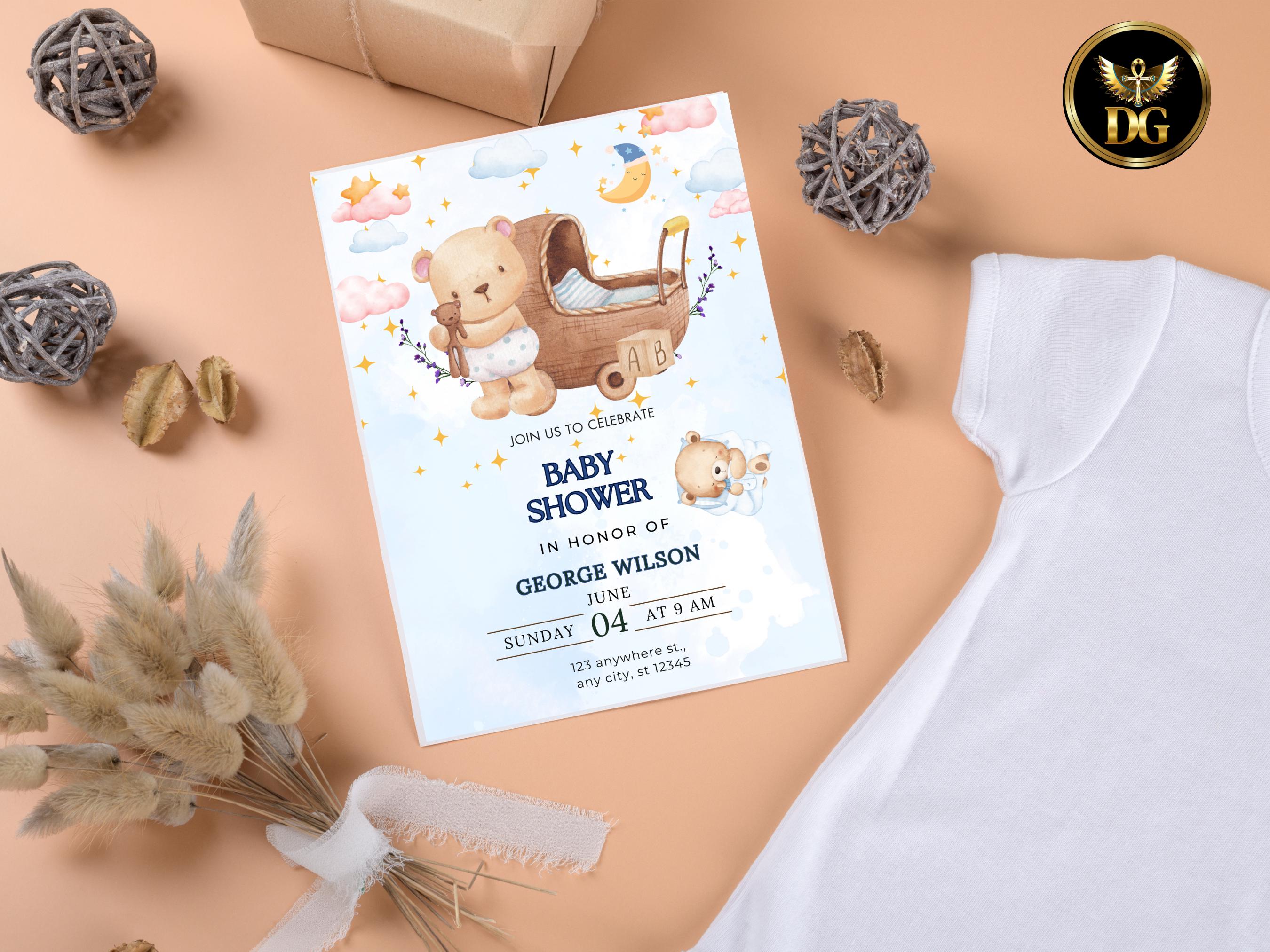 Baby Shower Invitation Template Editable Digital Download | Cute Bear Blue Floral Invite | Customizable Canva Photoshop File for Baby Party