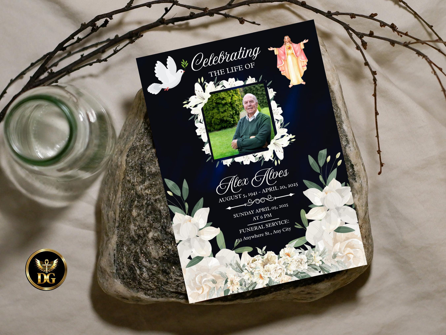 White Floral Christian Funeral Invitation Template (Digital Download)