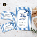 Blue Striped Baby Shower Invitation Set, Editable Canva Template, Boy Shower with Diaper Raffle & Booksfor Baby Card, Instant Download
