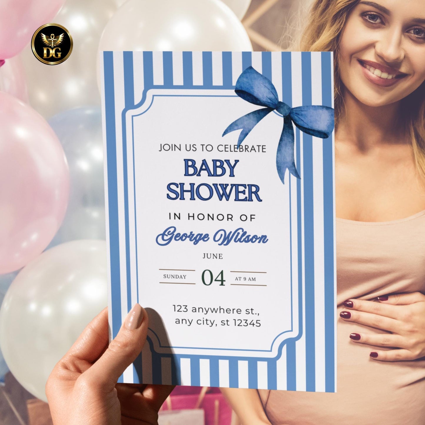 Blue Striped Baby Shower Invitation Set, Editable Canva Template, Boy Shower with Diaper Raffle & Booksfor Baby Card, Instant Download