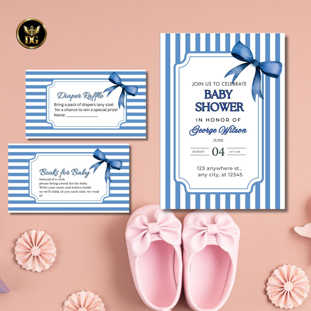 Blue Striped Baby Shower Invitation Set, Editable Canva Template, Boy Shower with Diaper Raffle & Booksfor Baby Card, Instant Download