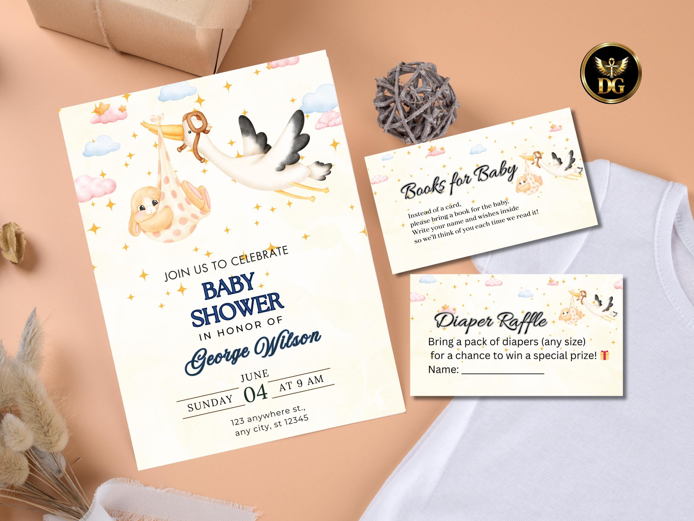 Baby Shower Invitation Diaper Raffle & Books for Baby Cards Cute Gender Neutral Set Printable Invitation Template Editable Instant Download