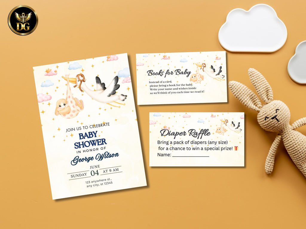 Baby Shower Invitation Diaper Raffle & Books for Baby Cards Cute Gender Neutral Set Printable Invitation Template Editable Instant Download