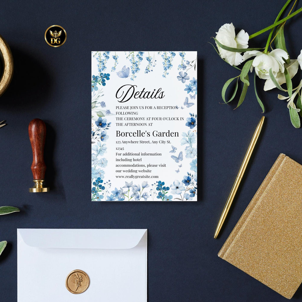 Blue Floral Bridal Shower Invitation Suite, Editable Canva Template, Watercolor Flowers, Elegant Printable Cards, Details &RSVP, Baby Shower