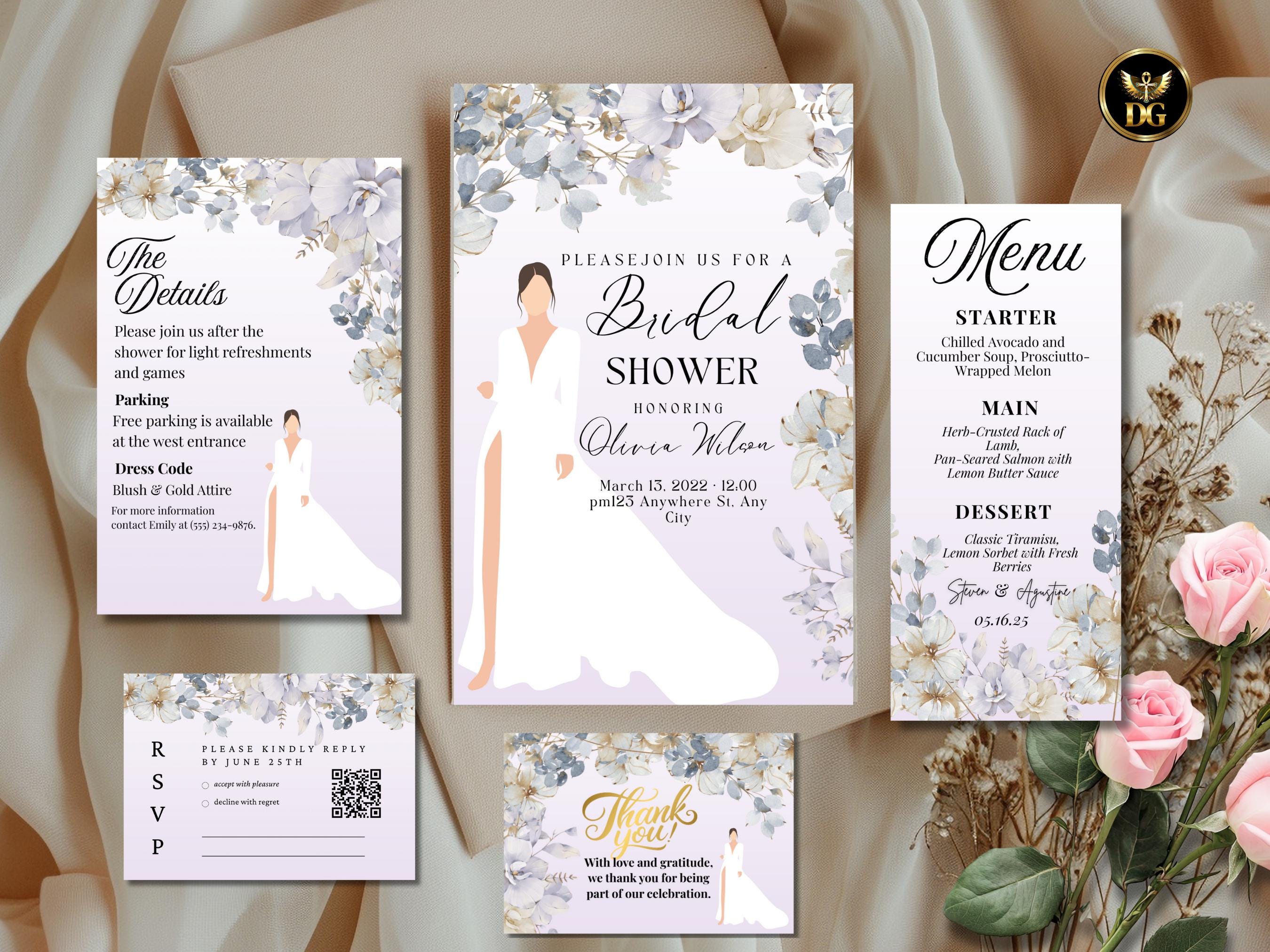 Bridal Shower Invitation Set | Elegant Bride in White Dress | Mauve Floral Wedding Shower Bundle | Printable Editable Template