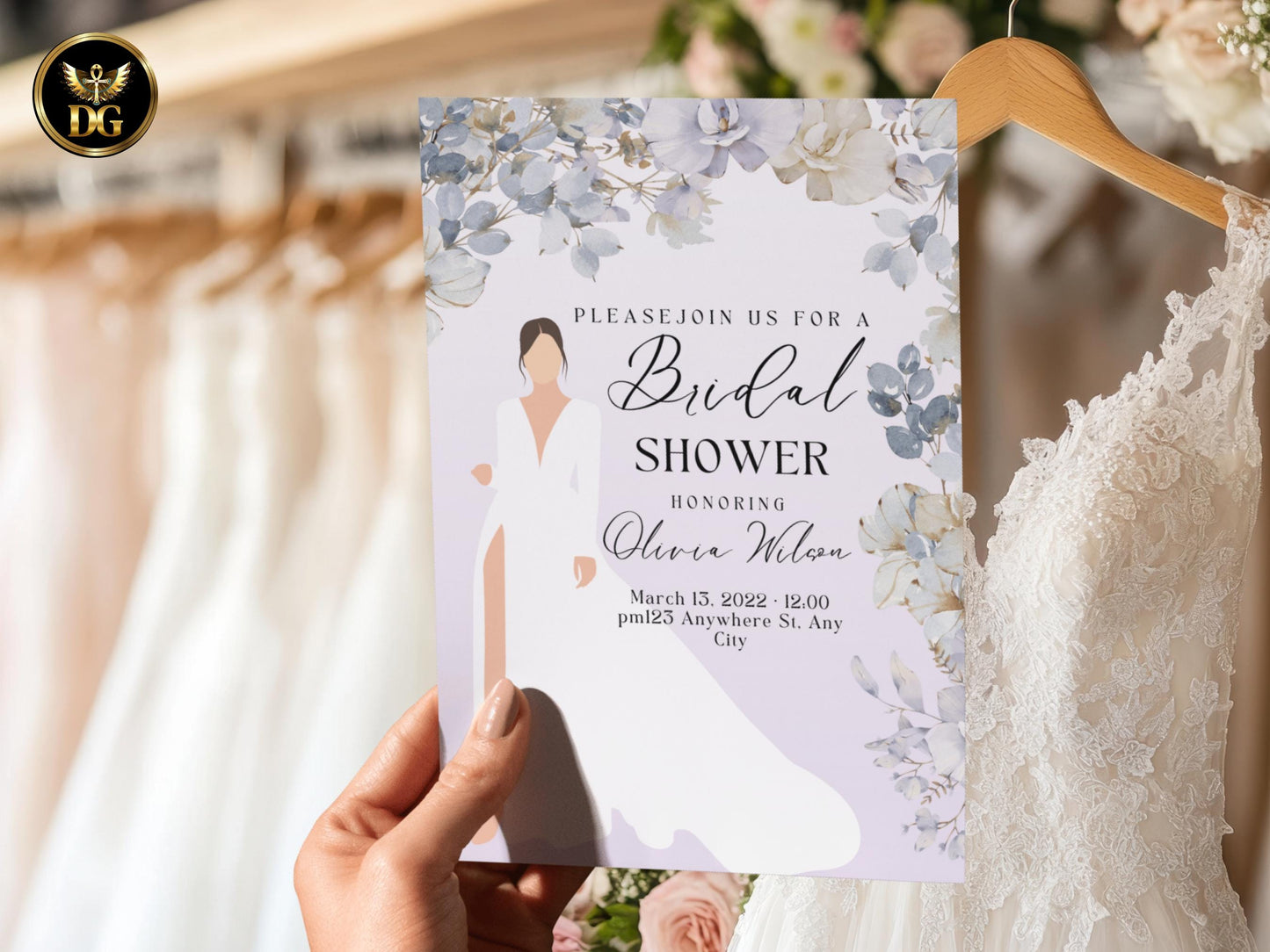 Bridal Shower Invitation Set | Elegant Bride in White Dress | Mauve Floral Wedding Shower Bundle | Printable Editable Template