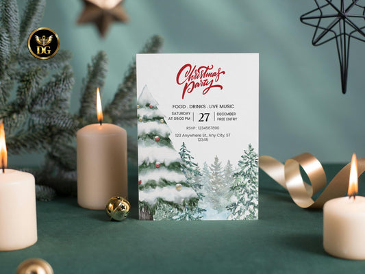 Christmas Party Invitation, Editable Canva Template, Snow Pine Holiday Invite, Printable Winter Card