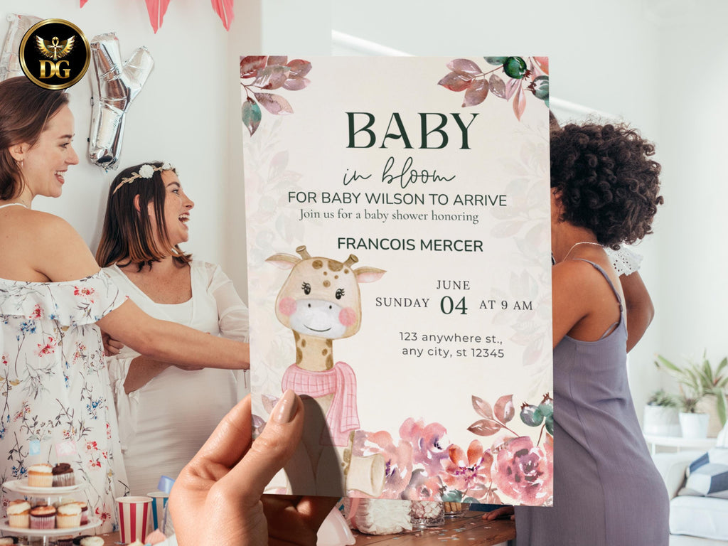 Baby in Bloom Baby Shower Invitation | Gender Neutral Yellow Giraffe Floral Theme | Editable Template