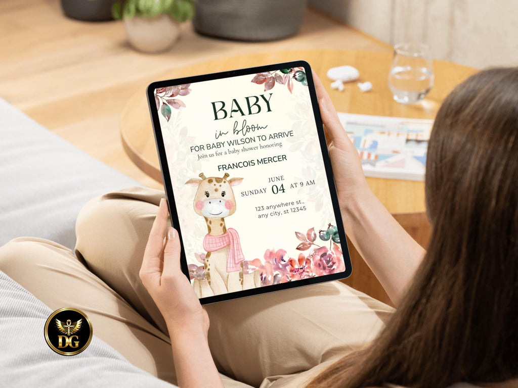 Baby in Bloom Baby Shower Invitation | Gender Neutral Yellow Giraffe Floral Theme | Editable Template