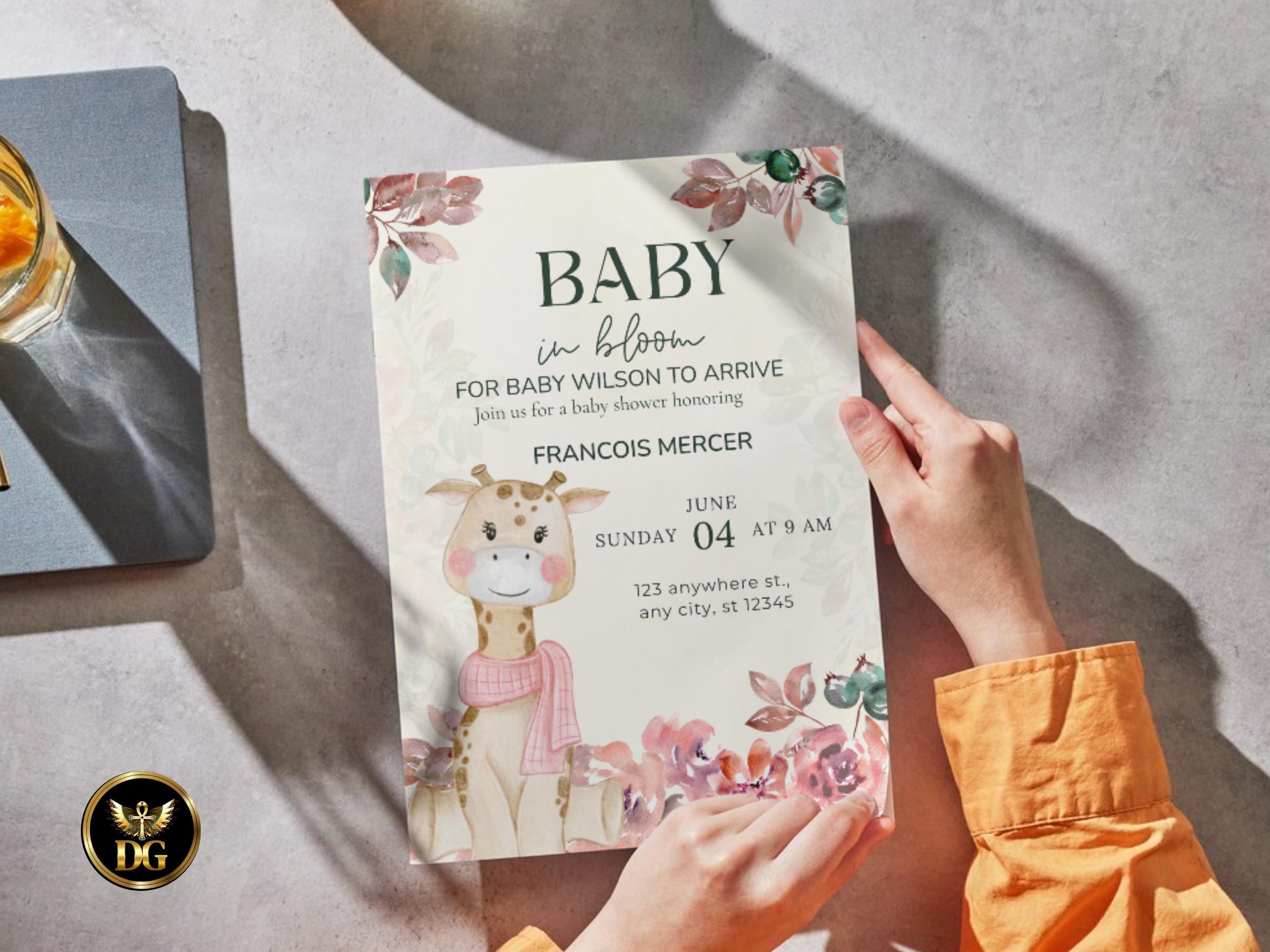 Baby in Bloom Baby Shower Invitation | Gender Neutral Yellow Giraffe Floral Theme | Editable Template