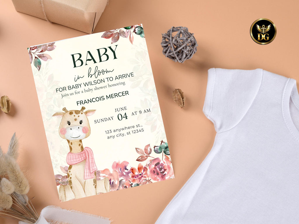 Baby in Bloom Baby Shower Invitation | Gender Neutral Yellow Giraffe Floral Theme | Editable Template