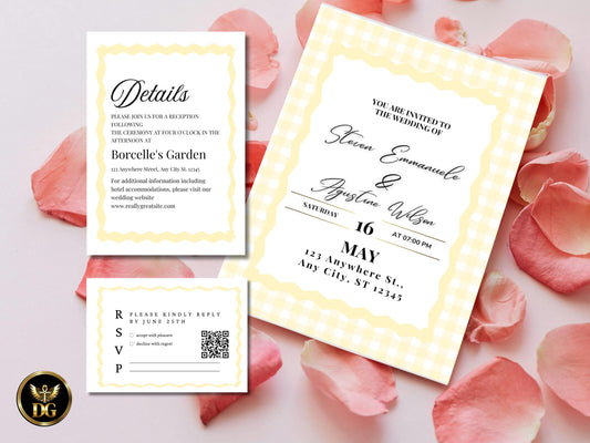 Yellow Plaid Wedding Invitation Suite | Minimalist Checkered Wedding Template with RSVP & Details | Printable Digital Download