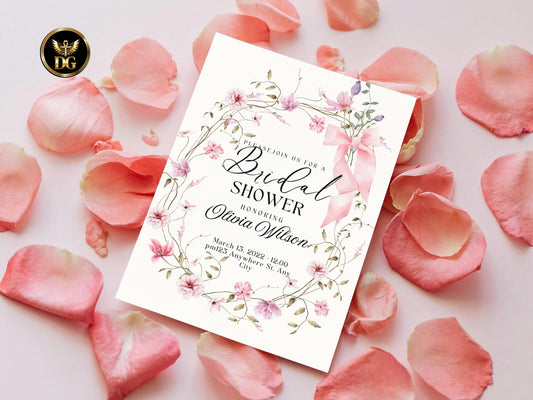 Bridal Shower Invitation | Elegant Pink Floral Frame with Bow RSVP & Details Card Set  Printable Wedding Shower Invitation Editable Template