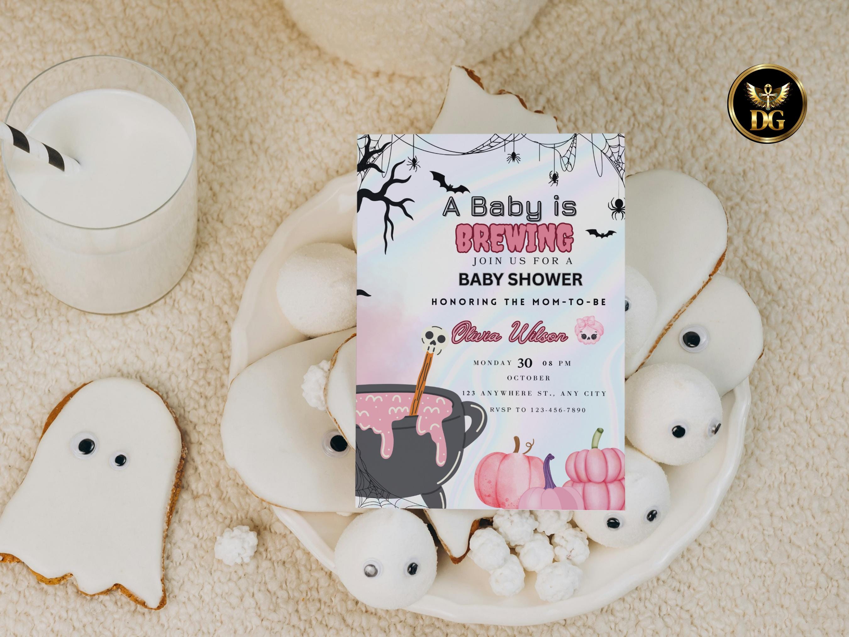 A Baby is Brewing Invitation Halloween Baby Shower Invite Editable Spooky Baby Shower Template Witch Cauldron Pink Pumpkin, Digital Download