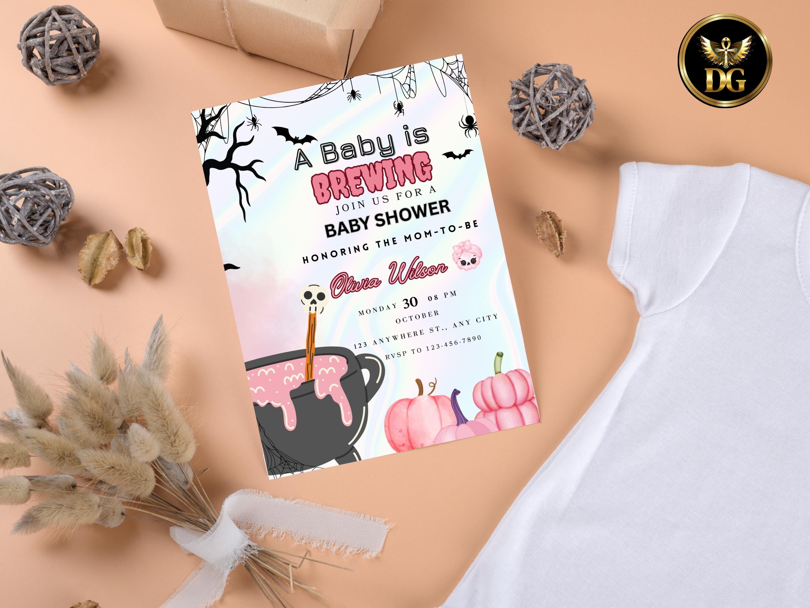A Baby is Brewing Invitation Halloween Baby Shower Invite Editable Spooky Baby Shower Template Witch Cauldron Pink Pumpkin, Digital Download