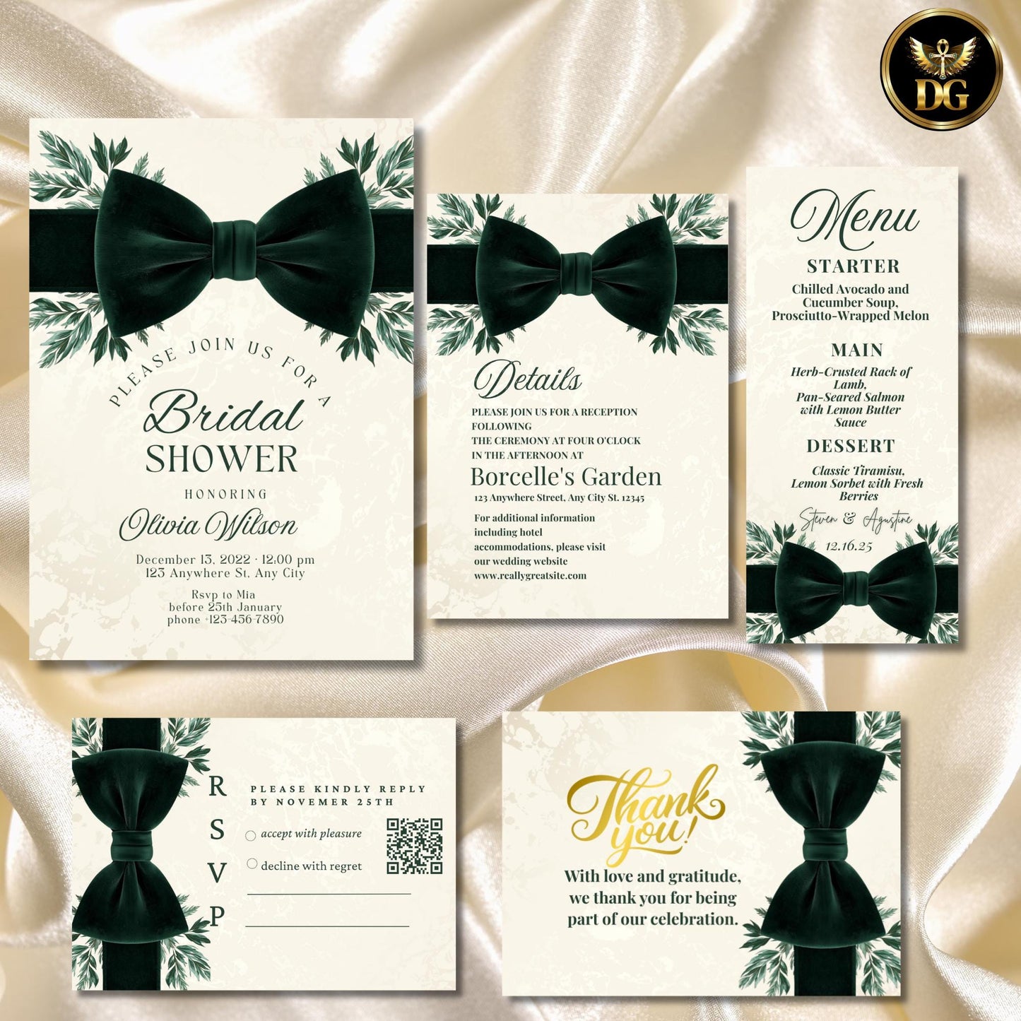 Christmas Bridal Shower Invitation Set | Elegant Emerald Green Velvet Bow & Gold Leaves | Holiday Bridal Canva Template Suite
