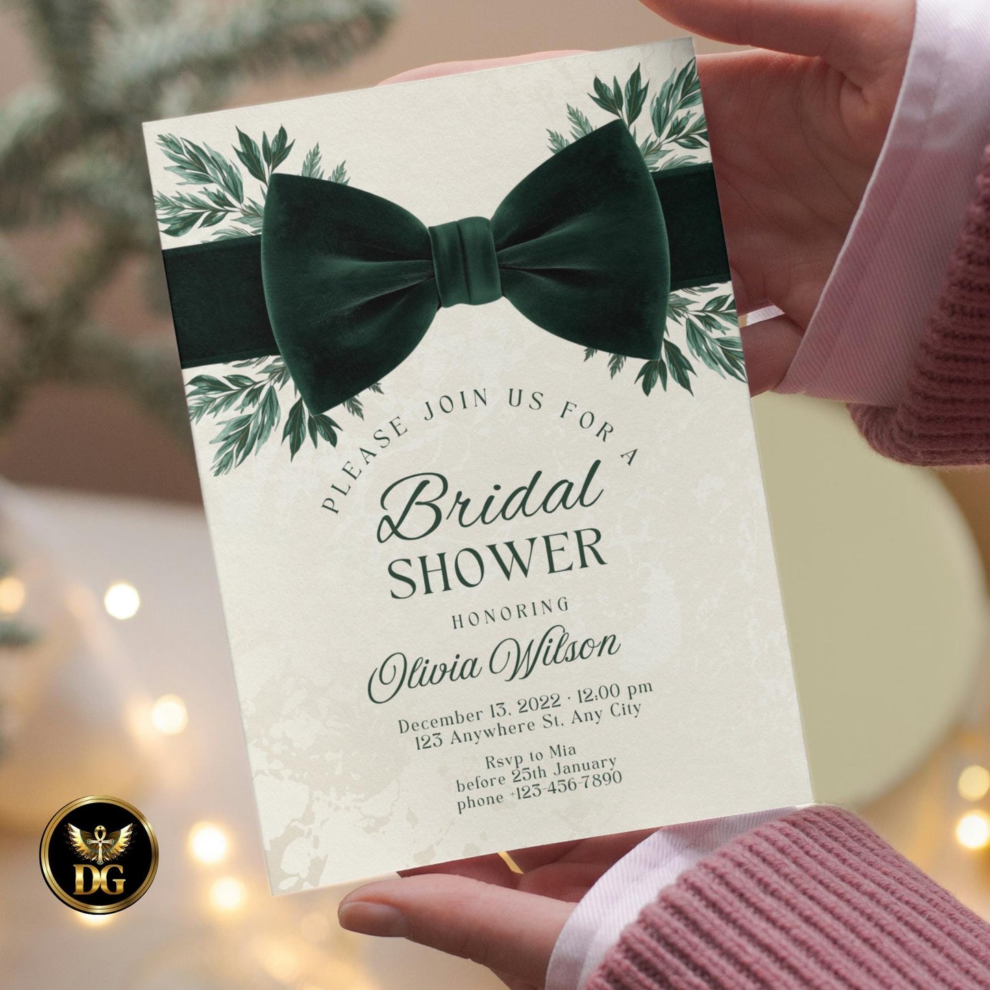 Christmas Bridal Shower Invitation Set | Elegant Emerald Green Velvet Bow & Gold Leaves | Holiday Bridal Canva Template Suite
