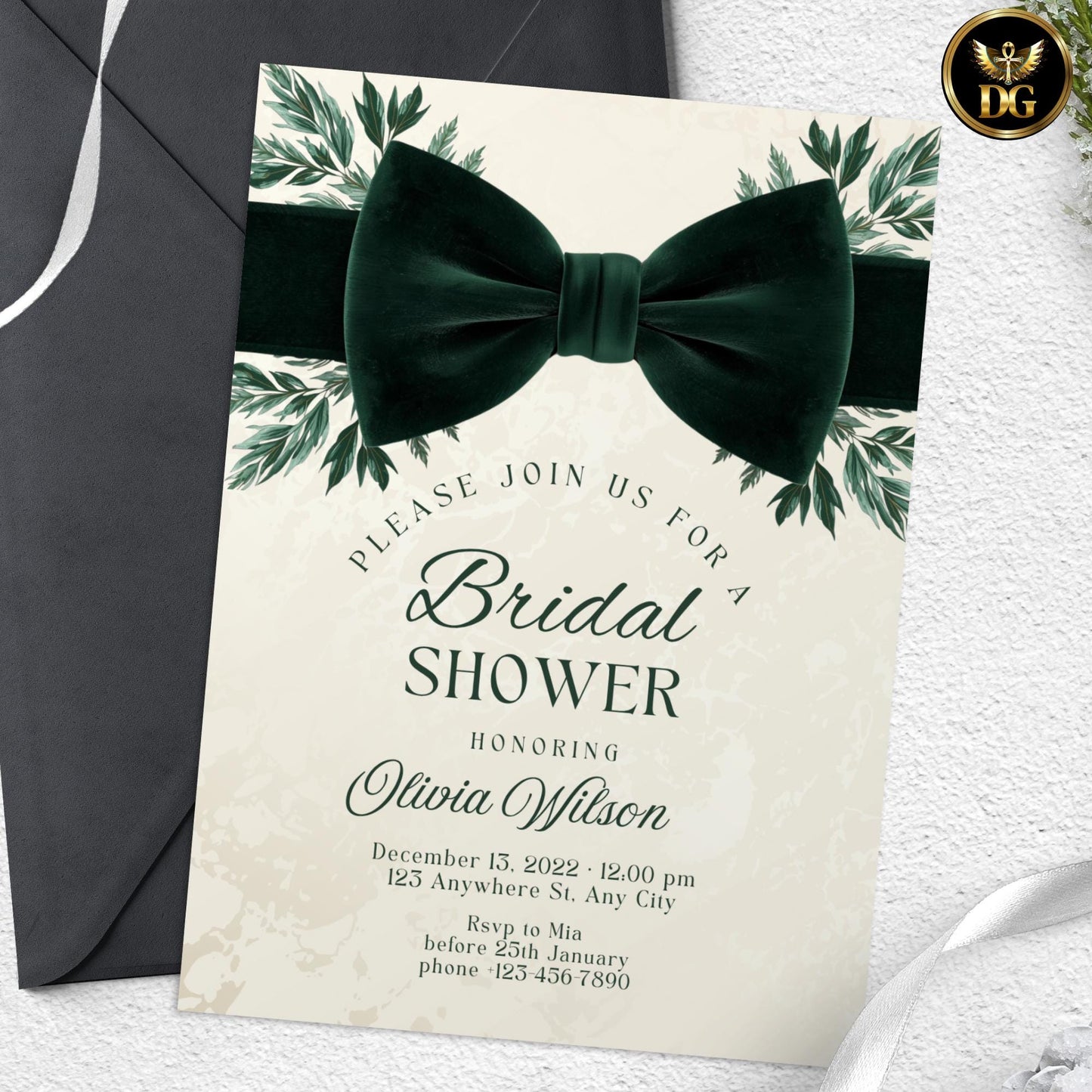 Christmas Bridal Shower Invitation Set | Elegant Emerald Green Velvet Bow & Gold Leaves | Holiday Bridal Canva Template Suite