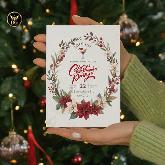 Christmas Party Digital Templates - Cream Gold Poinsettia Invitation, RSVP, Details, Menu, Thank You