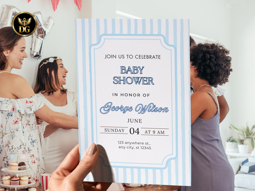 Blue Baby Shower Invitation Bundle, Editable Canva Template Boy Baby Shower Invite with Diaper Raffle Book for Baby Cards Printable Download