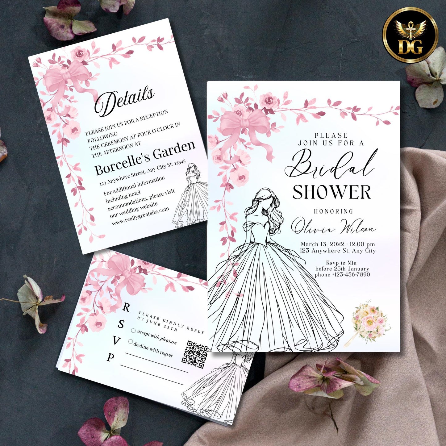 Bridal Shower Invitation Set | Bride Dress with Pink Floral Bow | Pastel Elegant Wedding Shower Invite | Editable Digital Download