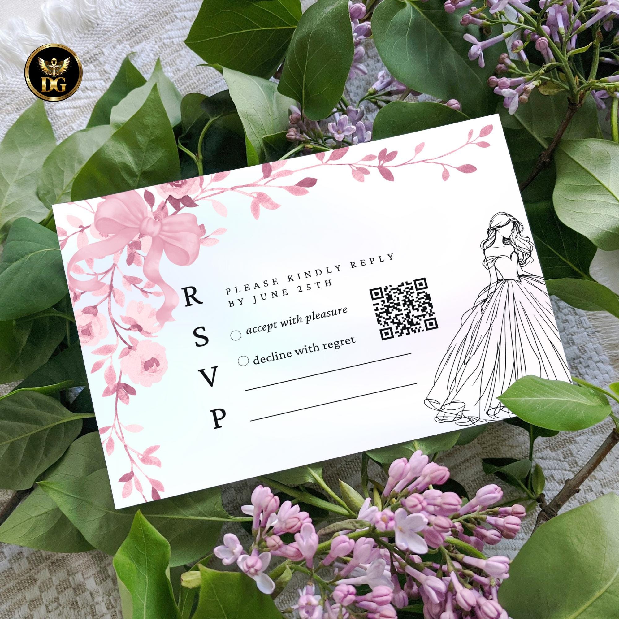 Bridal Shower Invitation Set | Bride Dress with Pink Floral Bow | Pastel Elegant Wedding Shower Invite | Editable Digital Download