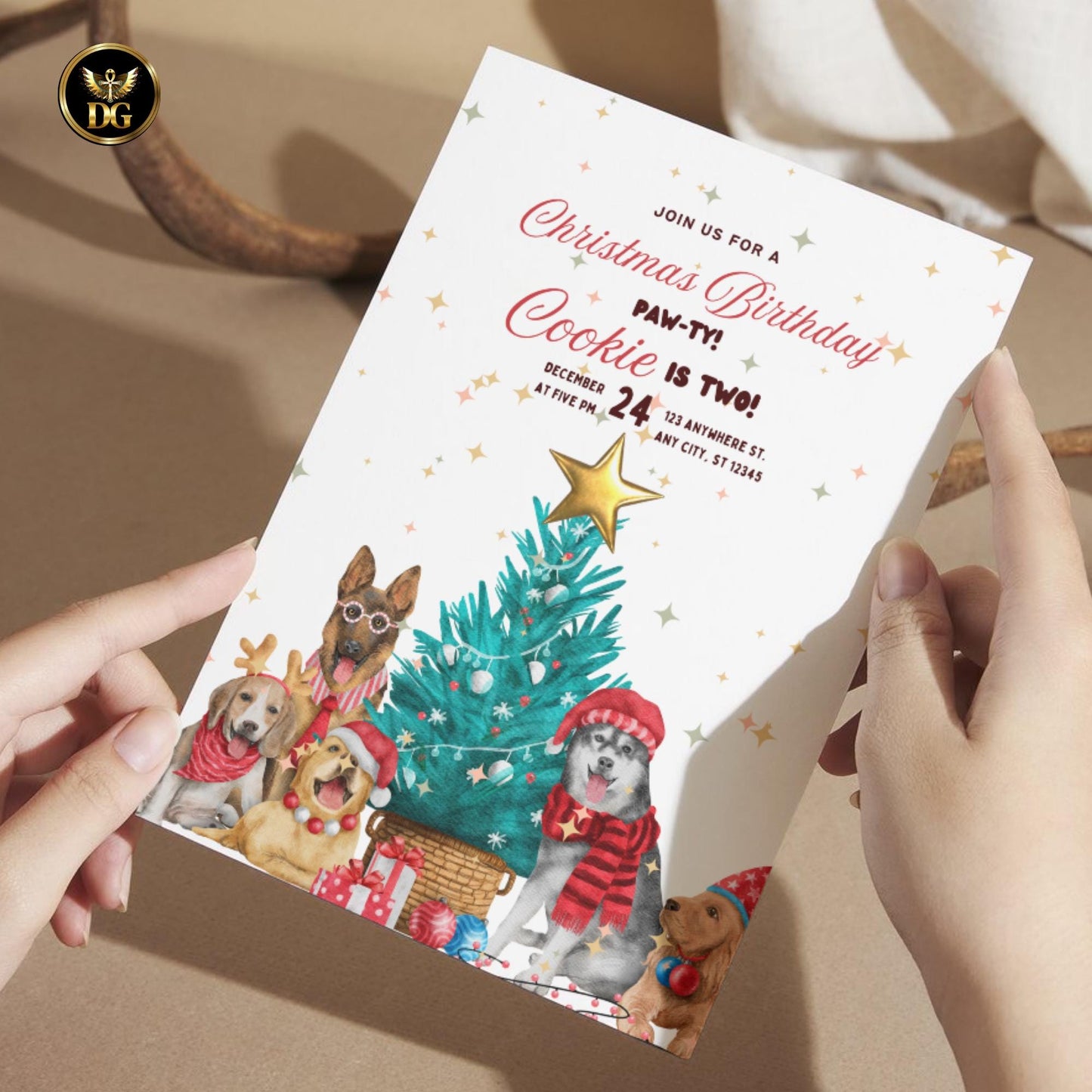 Christmas Dog Birthday Invitation | Pet Birthday Party Template | Editable Puppy Invite | Holiday Dog Party Card Printable