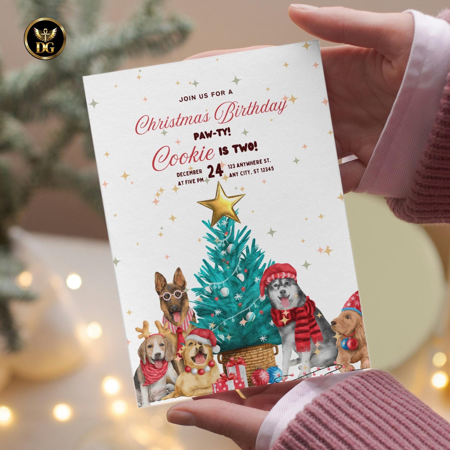 Christmas Dog Birthday Invitation | Pet Birthday Party Template | Editable Puppy Invite | Holiday Dog Party Card Printable