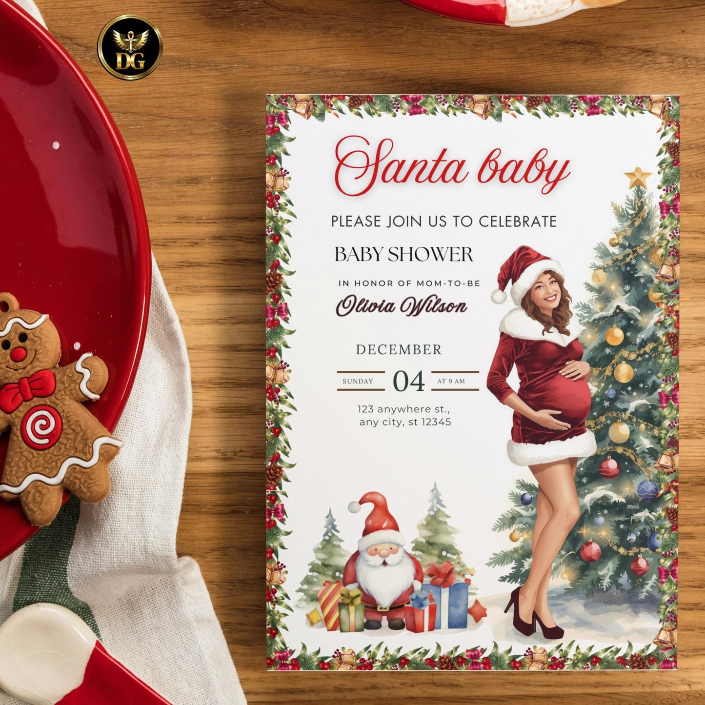 Christmas Baby Shower Bundle – Editable Invitations, Thank You Cards, Diaper Reveal & Books for Baby, Watercolor Holiday Theme