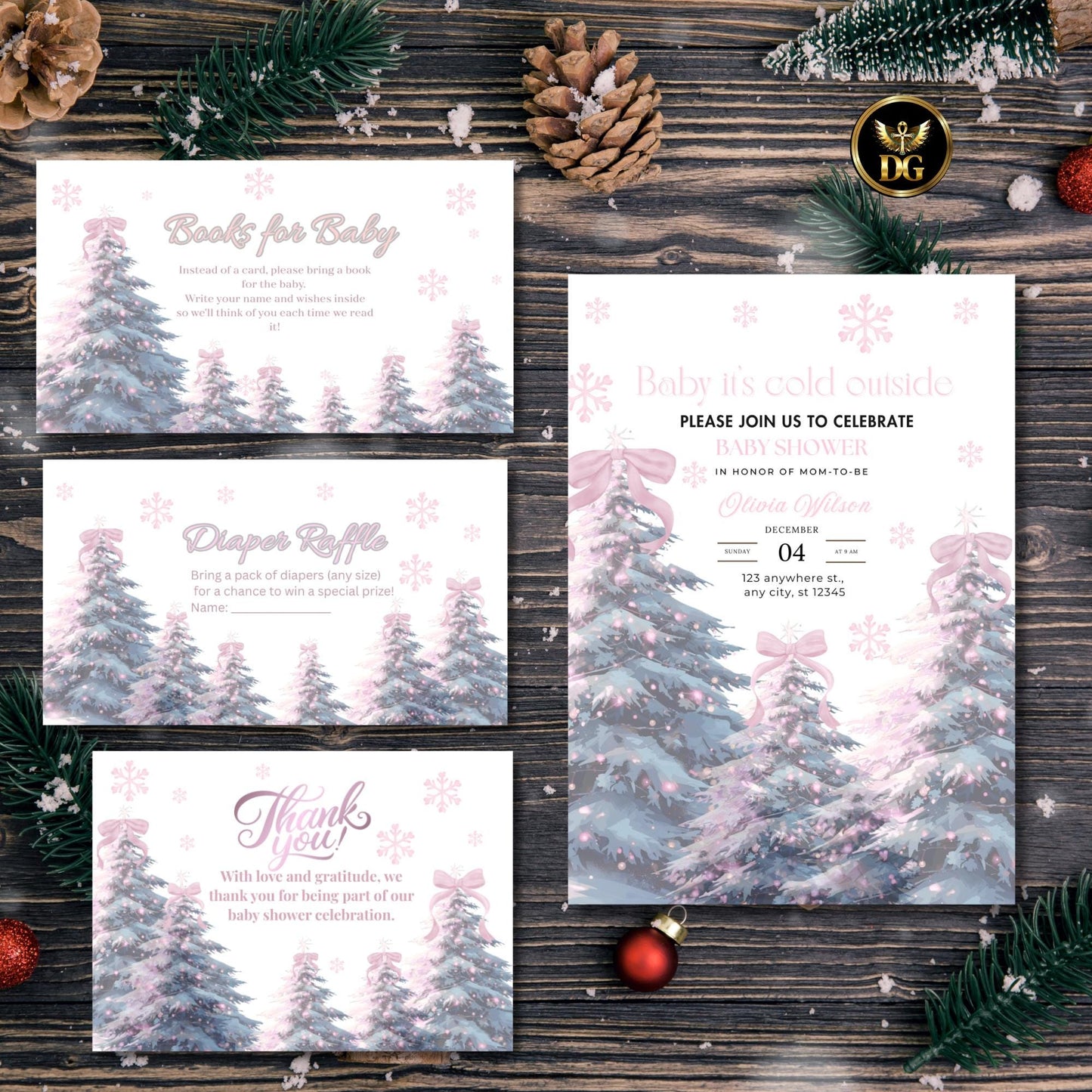 Christmas Baby Shower Digital Templates Bundle  Pink Christmas Tree with Pink Bow, Invitation, Thank You, Diaper Refill, Books for Baby Card