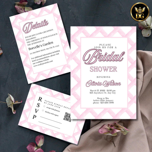 Bridal Shower Invitation Set Pink Embroidery | Printable Details, RSVP Cards | Elegant White & Pink Frame Template