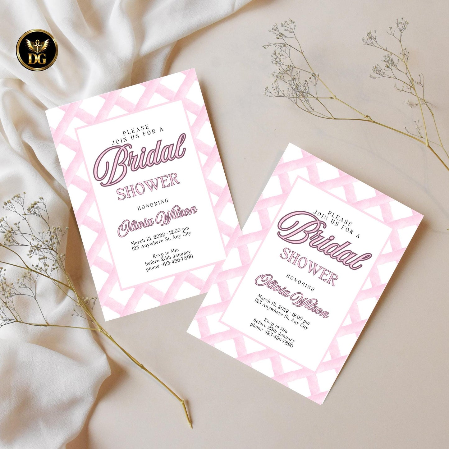 Bridal Shower Invitation Set Pink Embroidery | Printable Details, RSVP Cards | Elegant White & Pink Frame Template
