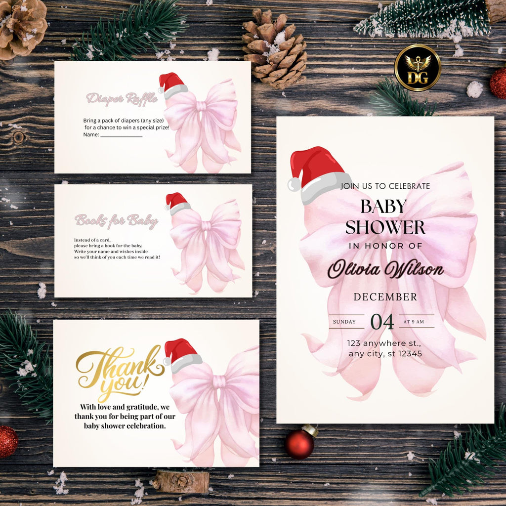Baby Girl Christmas Shower Invitation Bundle, Pink Bow Watercolor Holiday Baby Shower Set, Editable 5x7 Cards, Winter Santa Hat Theme