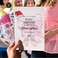 Baby Girl Christmas Shower Invitation Bundle, Pink Bow Watercolor Holiday Baby Shower Set, Editable 5x7 Cards, Winter Santa Hat Theme