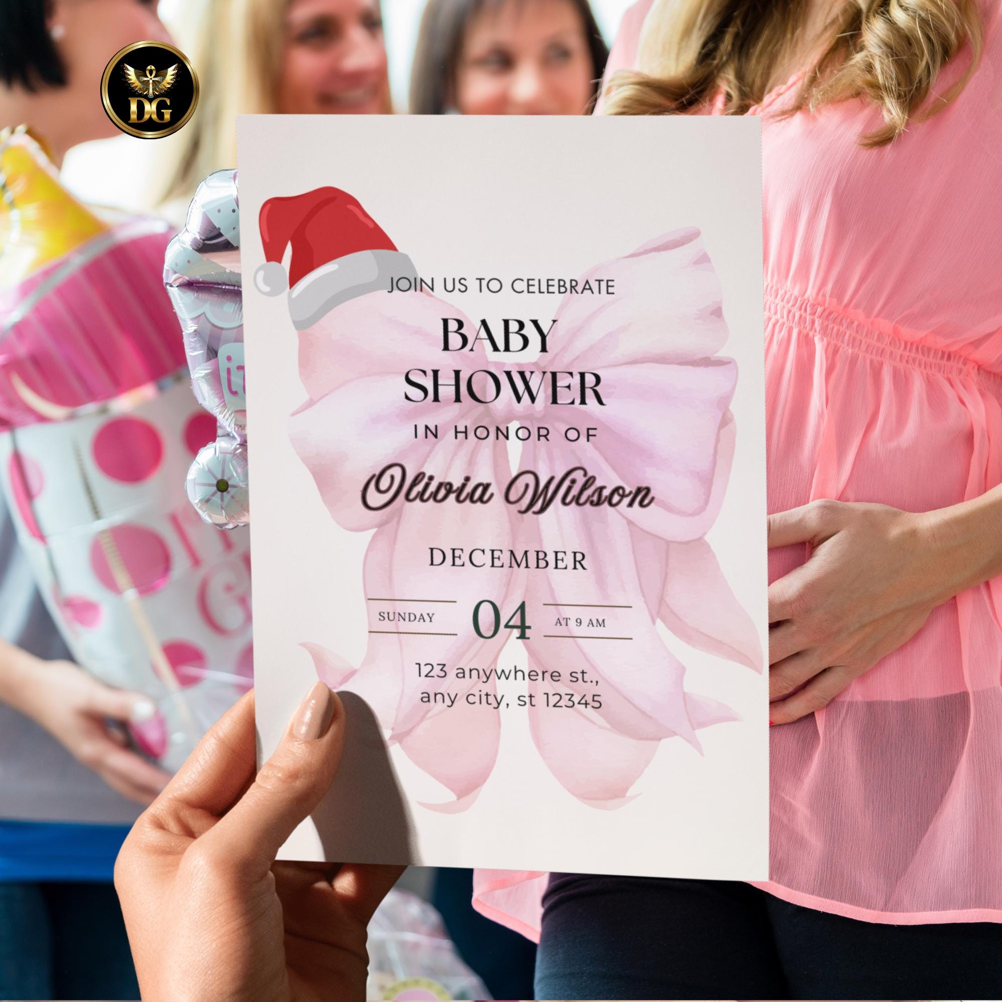 Baby Girl Christmas Shower Invitation Bundle, Pink Bow Watercolor Holiday Baby Shower Set, Editable 5x7 Cards, Winter Santa Hat Theme